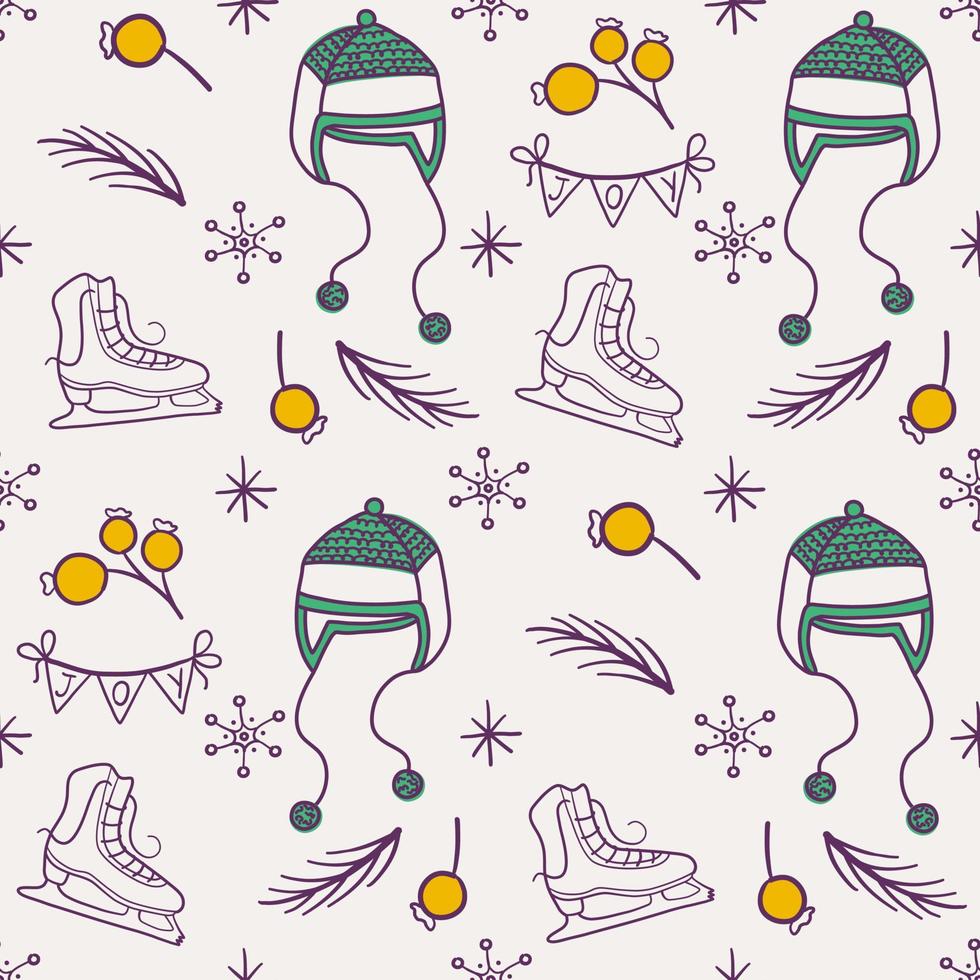 Seamless doodle style Christmas pattern. Cute background with Christmas or New Year elements. Vintage vector illustration for wrapping paper, fabric, textile.