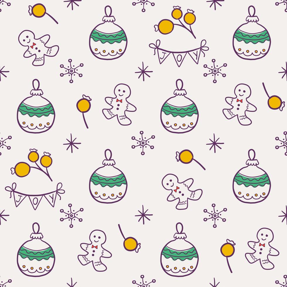 Seamless doodle style Christmas pattern. Cute background with Christmas or New Year elements. Vintage vector illustration for wrapping paper, fabric, textile.