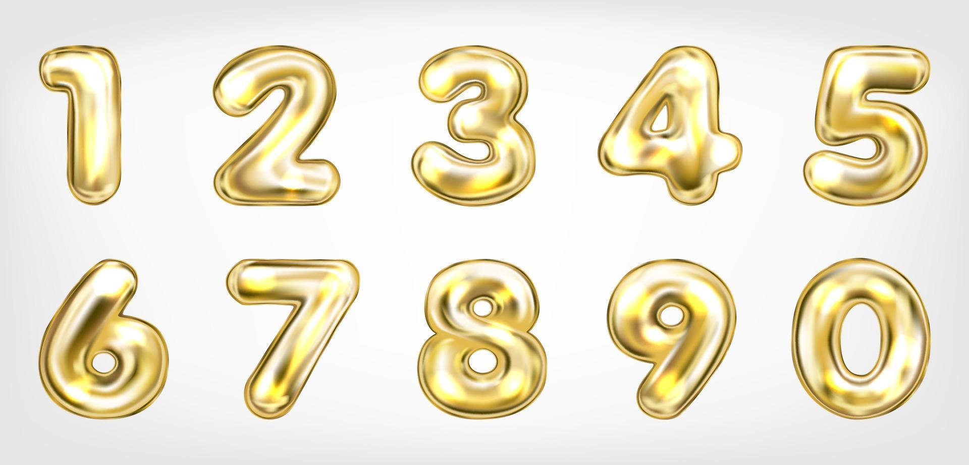 Gold metallic shining number symbols, isolated digits vector