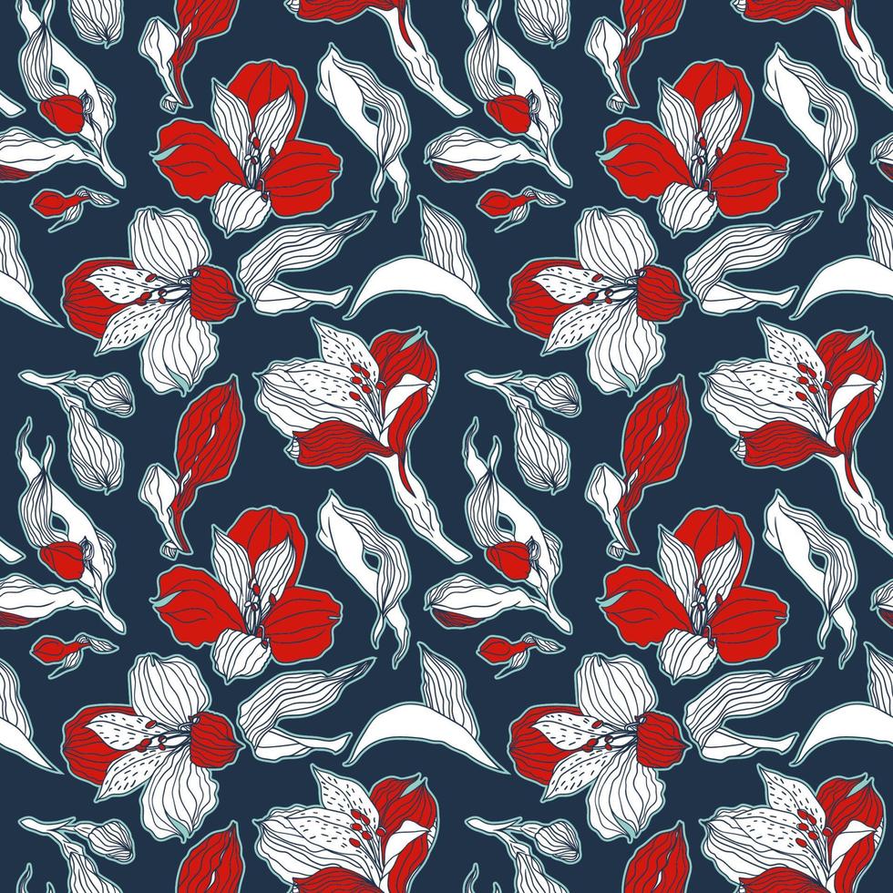 patrón azul oscuro y transparente con capullos y flores de alstroemeria rojo blanco vector
