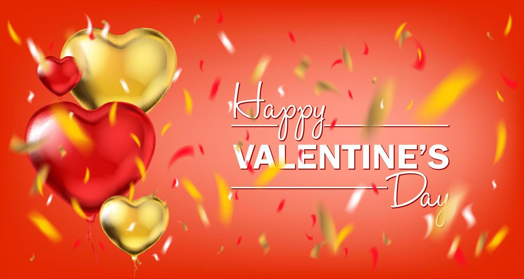 Red and Yellow Gold Foil Heart Shape Balloons and Happy Valentines Day Lettering vector