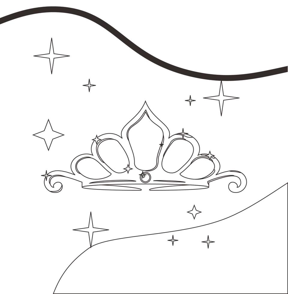 crown icon in black and white with sparkling star for coloring kid book vector illustration EPS10
