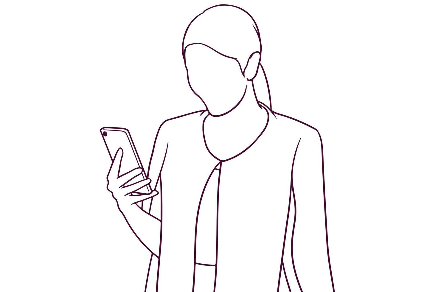 businesswoman looking at her phone hand drawn style vector illustration