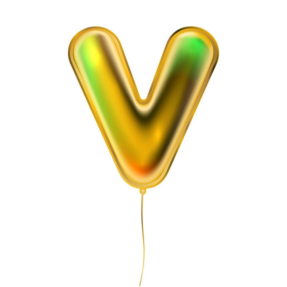 Gold metallic balloon, inflated alphabet symbol V vector