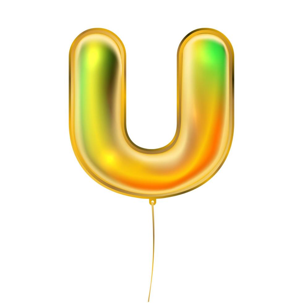 Gold metallic balloon, inflated alphabet symbol U vector