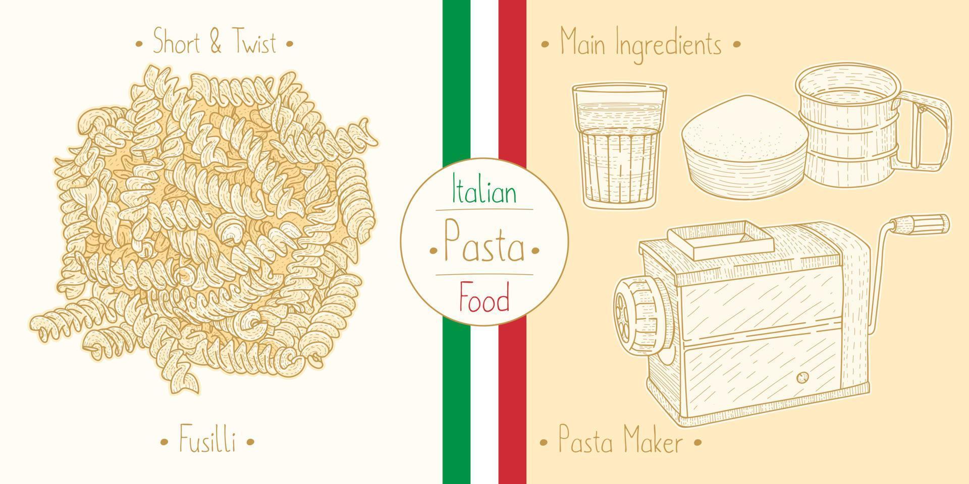 cocinar comida italiana en forma de pasta fusilli, ingredientes y equipos vector