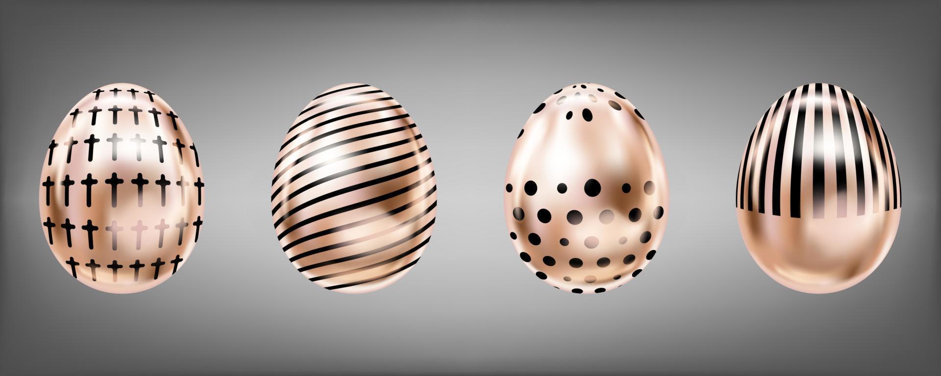 Four glance metallic eggs in pink color with black cross, dots and stripes. Isolated objects for Easter vector