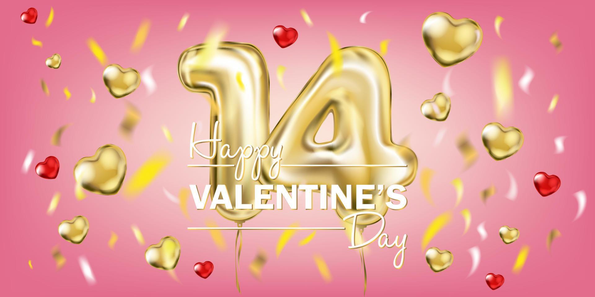 Golden 14 and Hearts with confetti on a pink background vector