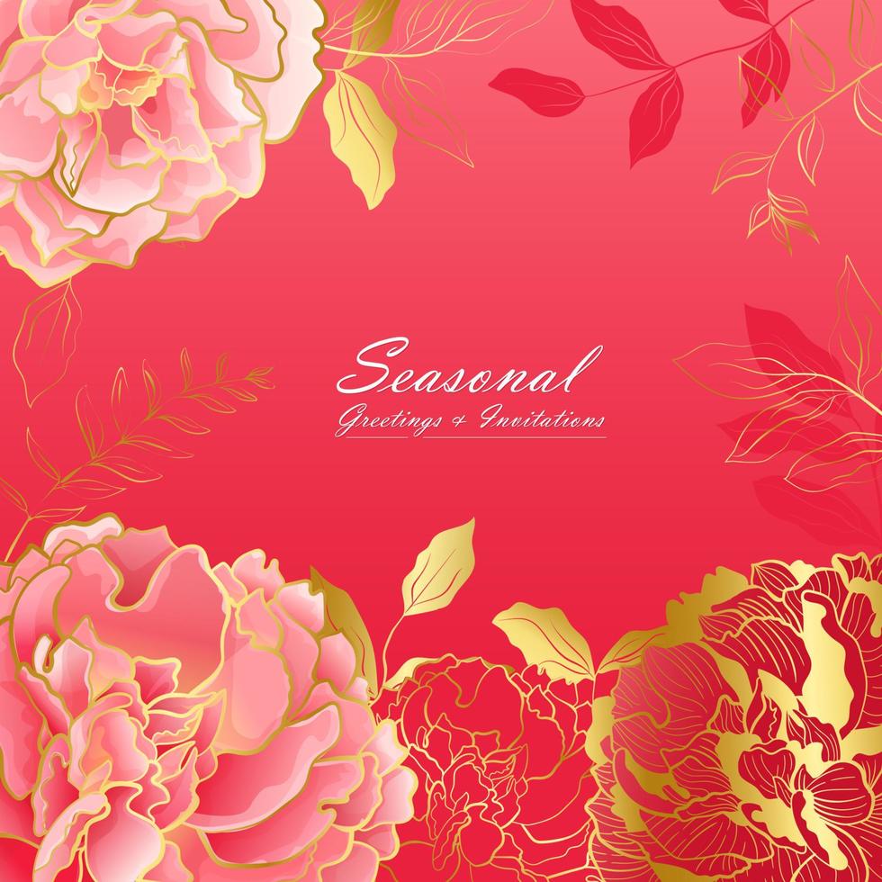 tarjeta cuadrada floral de peonía rosa intenso vector
