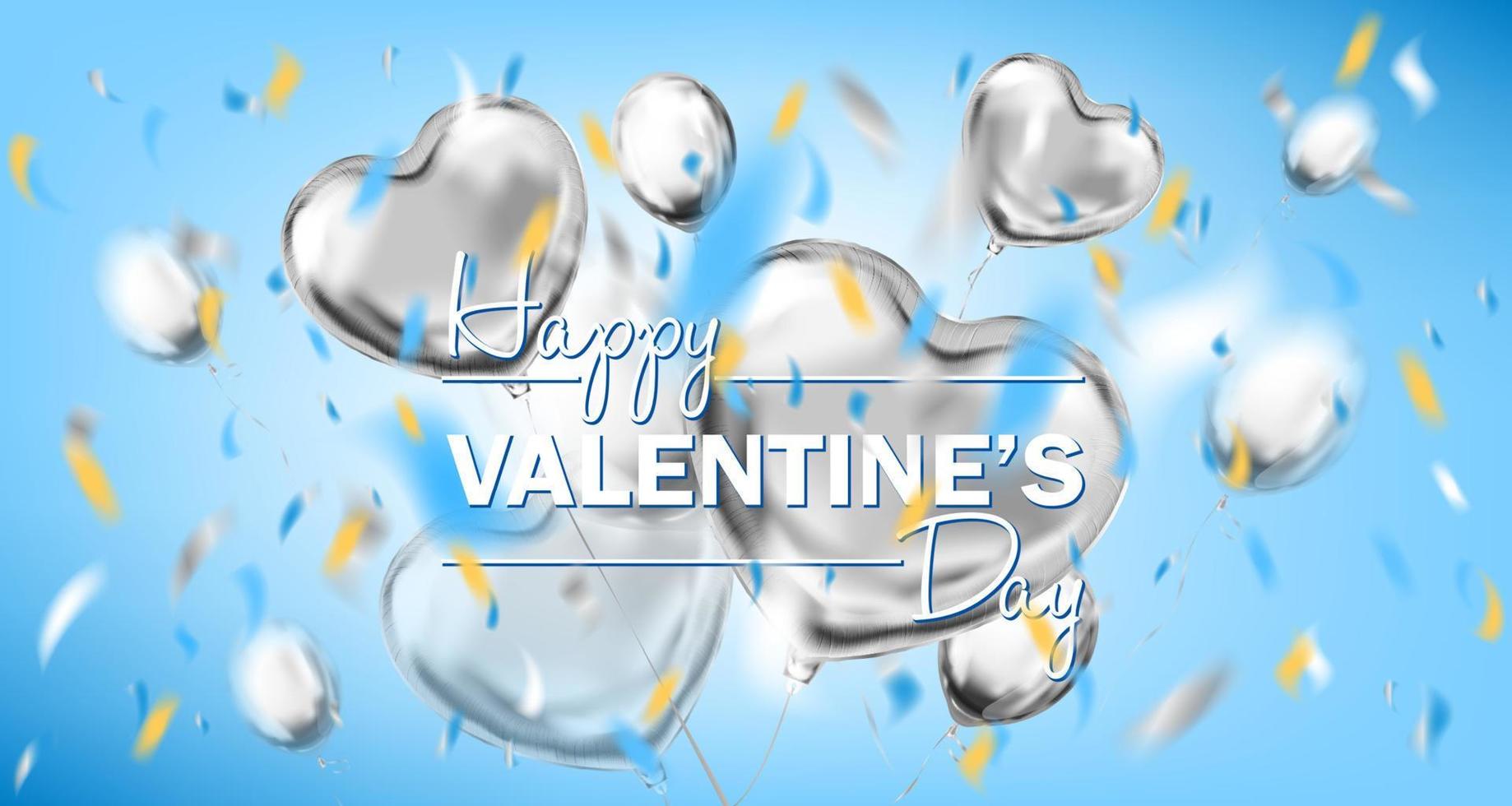 Happy Valentines Day sky blue card with metallic heart shape balloons vector