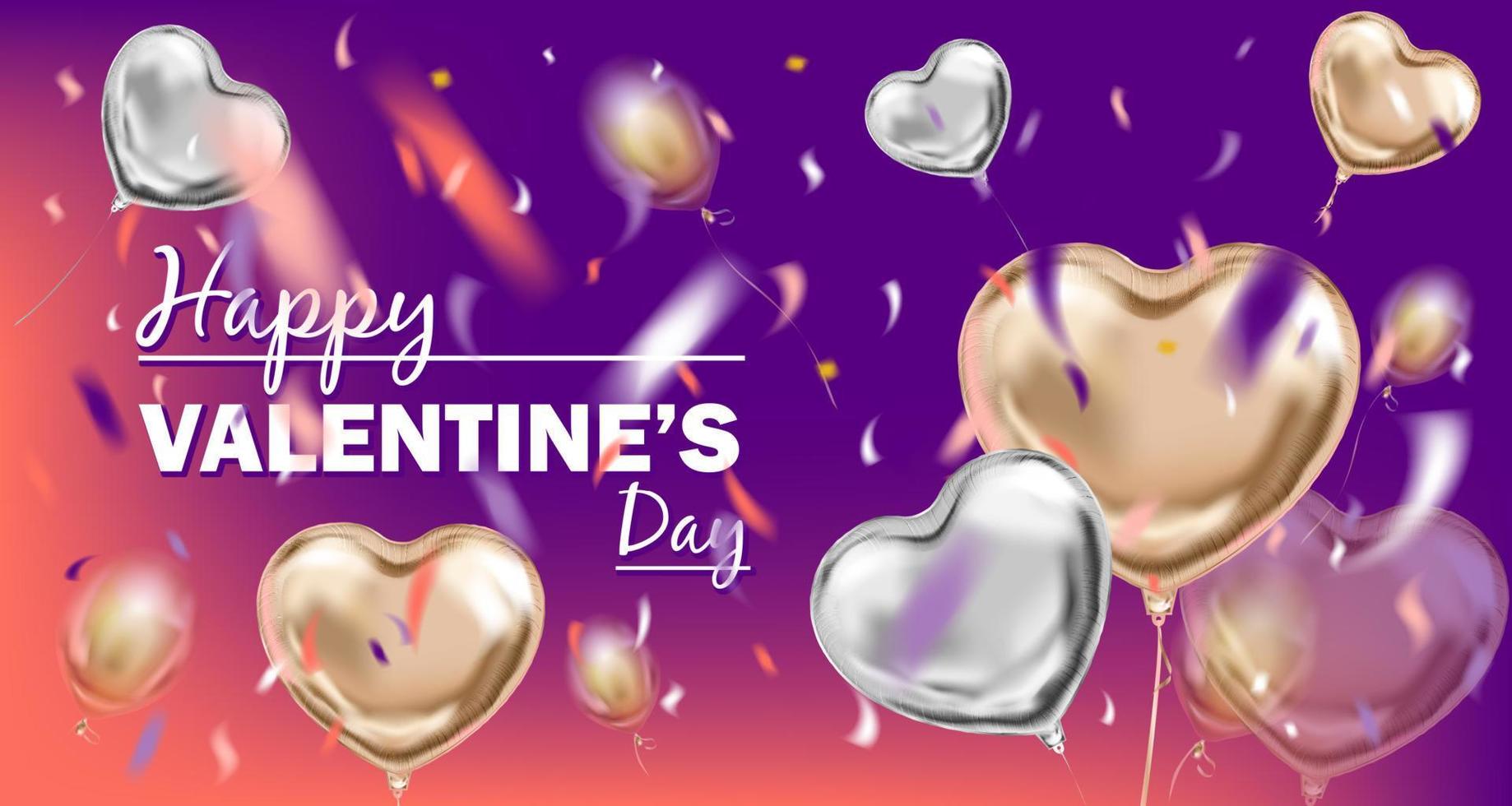 feliz día de san valentín imagen violeta con ramo de globos metálicos vector