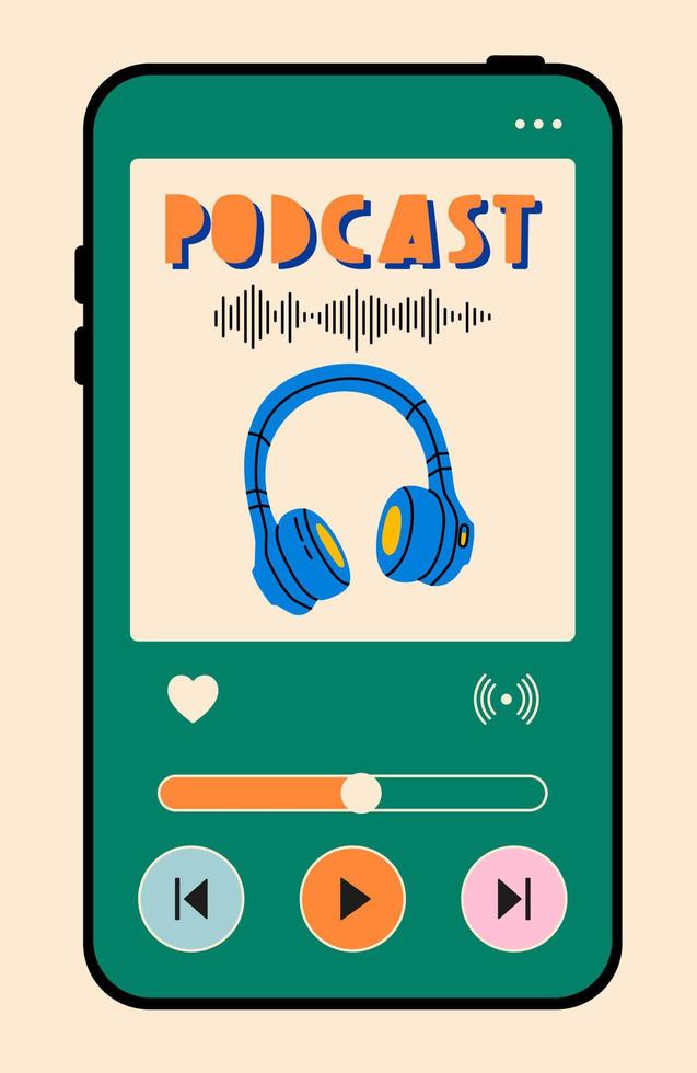 auriculares y título de podcast en la pantalla del teléfono. Grabación y escucha de podcasts, radiodifusión, radio en línea, concepto de servicio de transmisión de audio. Ilustraciones de vectores dibujados a mano