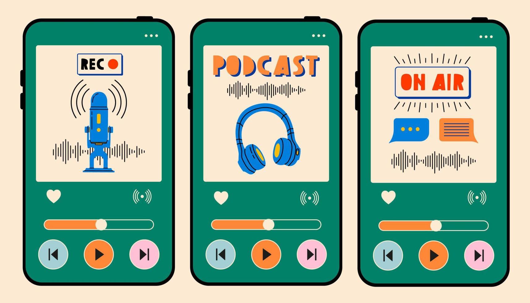 Set of phone screens with audio and podcast theme. Podcast recording and listening, broadcasting, online radio, audio streaming service concept. Hand drawn vector isolated illustrations