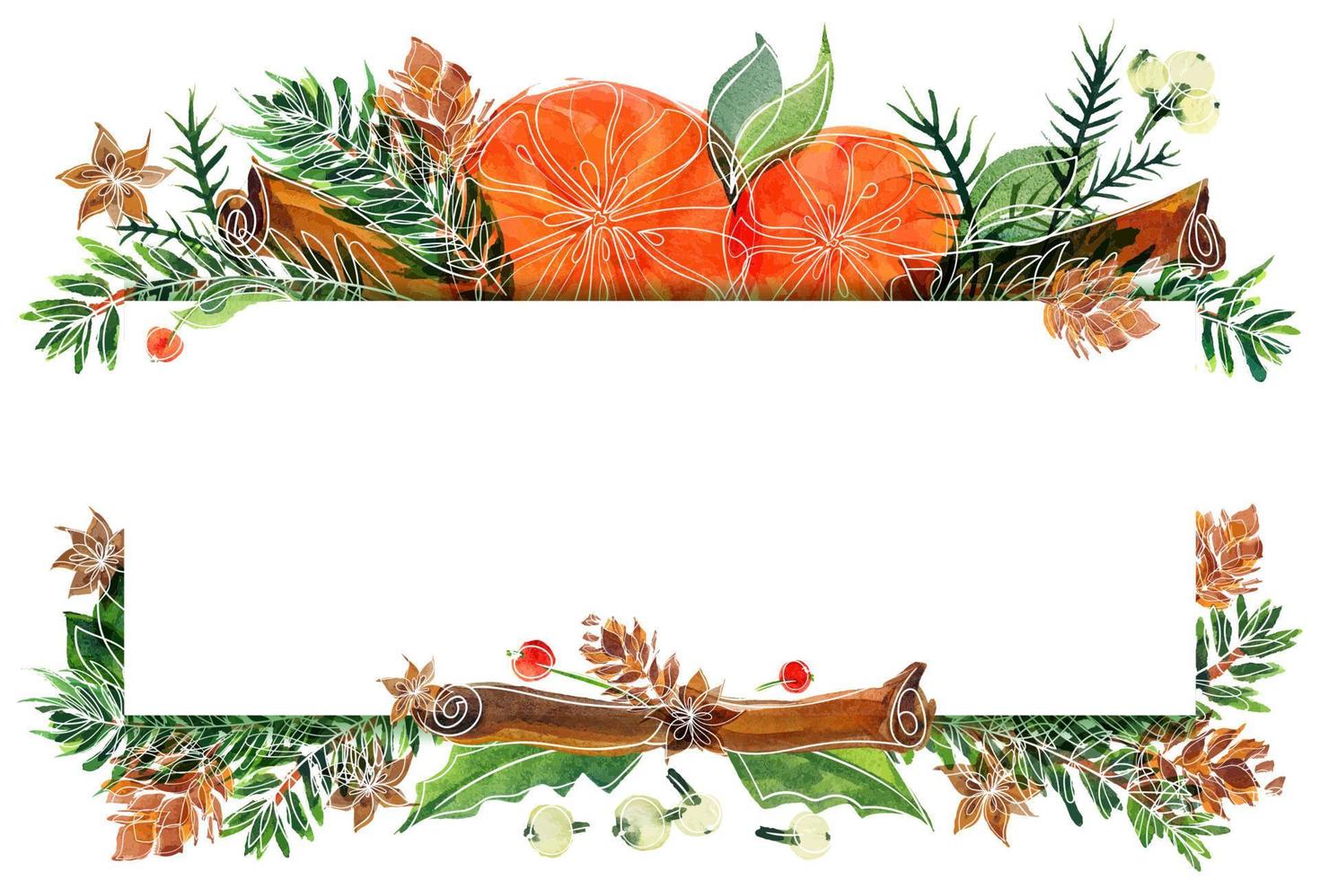 Christmas watercolor oranges and winter plants card vector