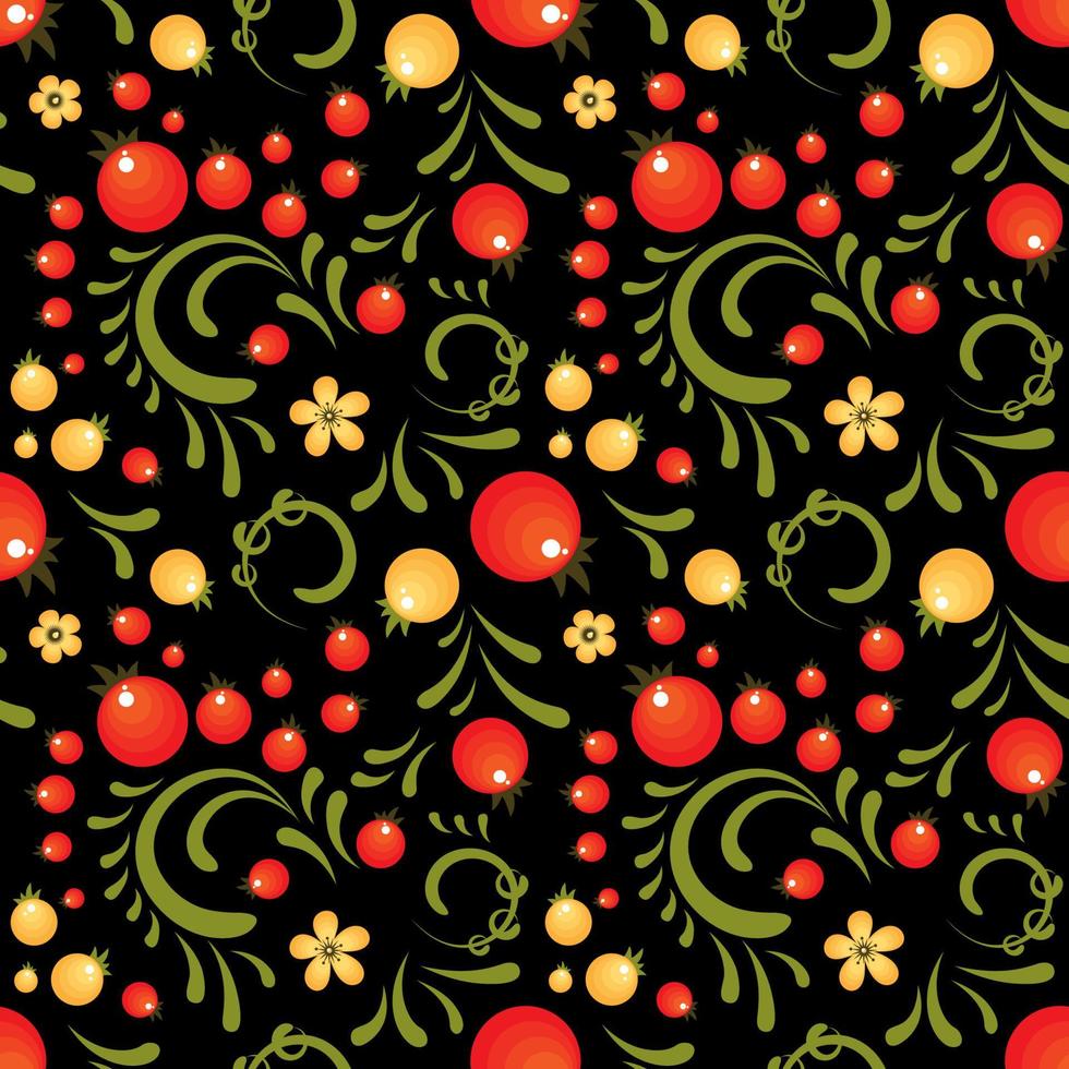 Red Currant floral pattern in Khokhloma style vector