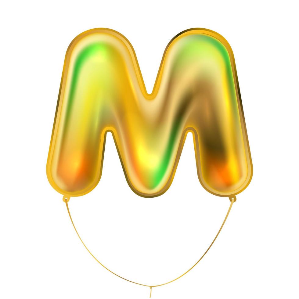 Gold metallic balloon, inflated alphabet symbol M vector