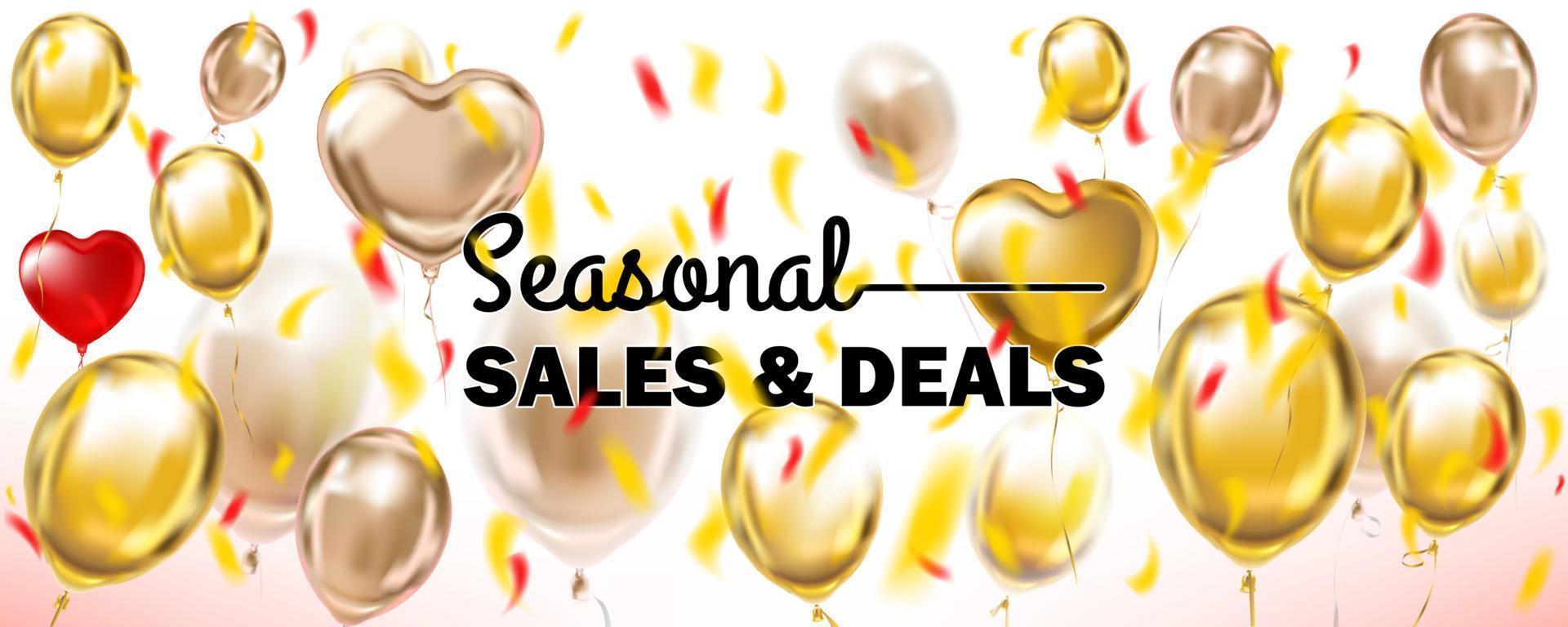 ventas y ofertas de temporada pancarta blanca y dorada con globos metálicos vector