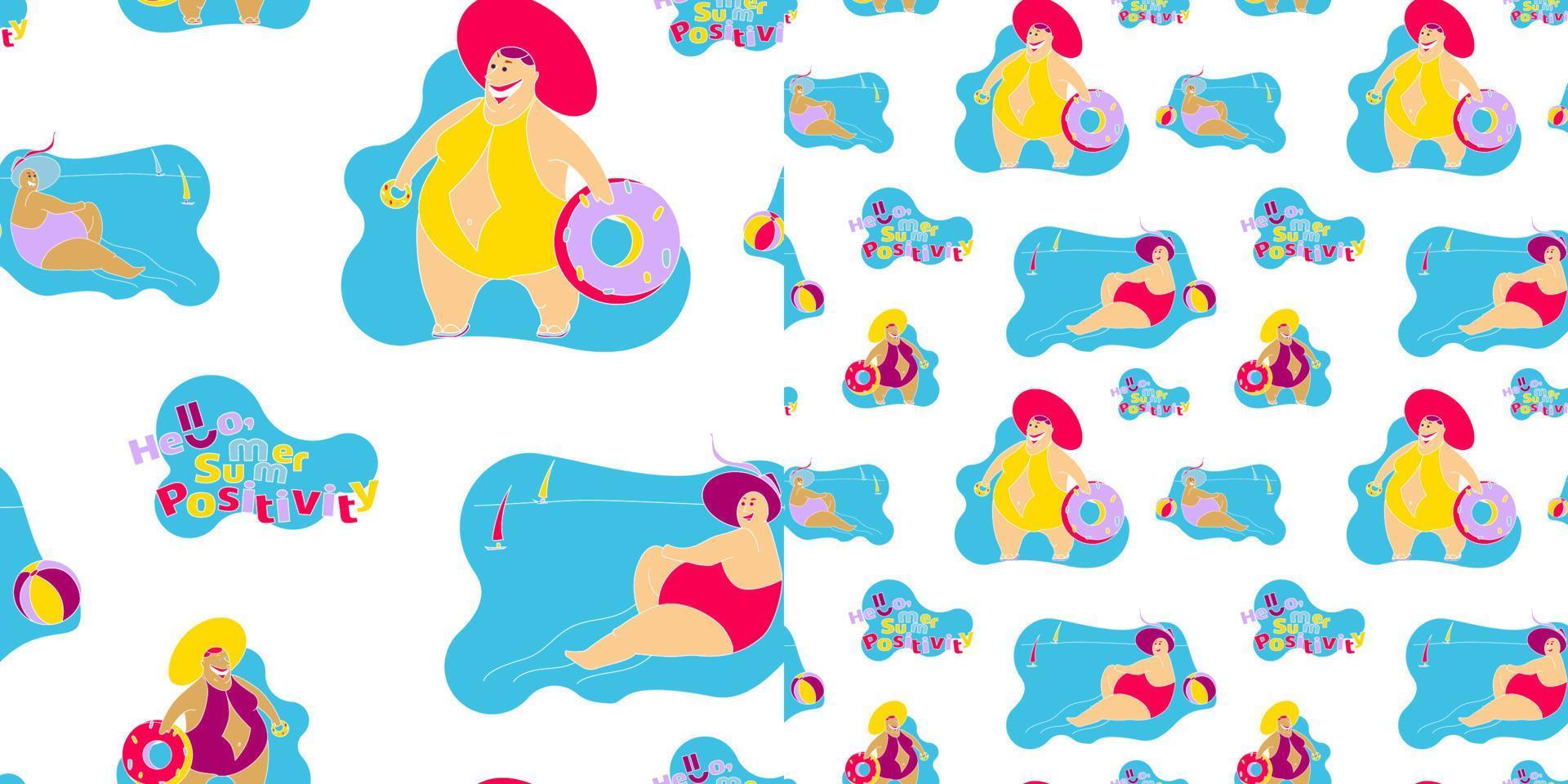 Seamless pattern Happy Fat Girl on the Beach vector