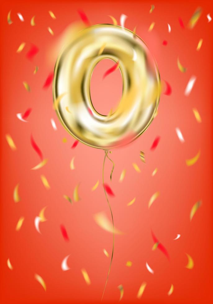 Festive gold balloon zero digit and foil confetti vector