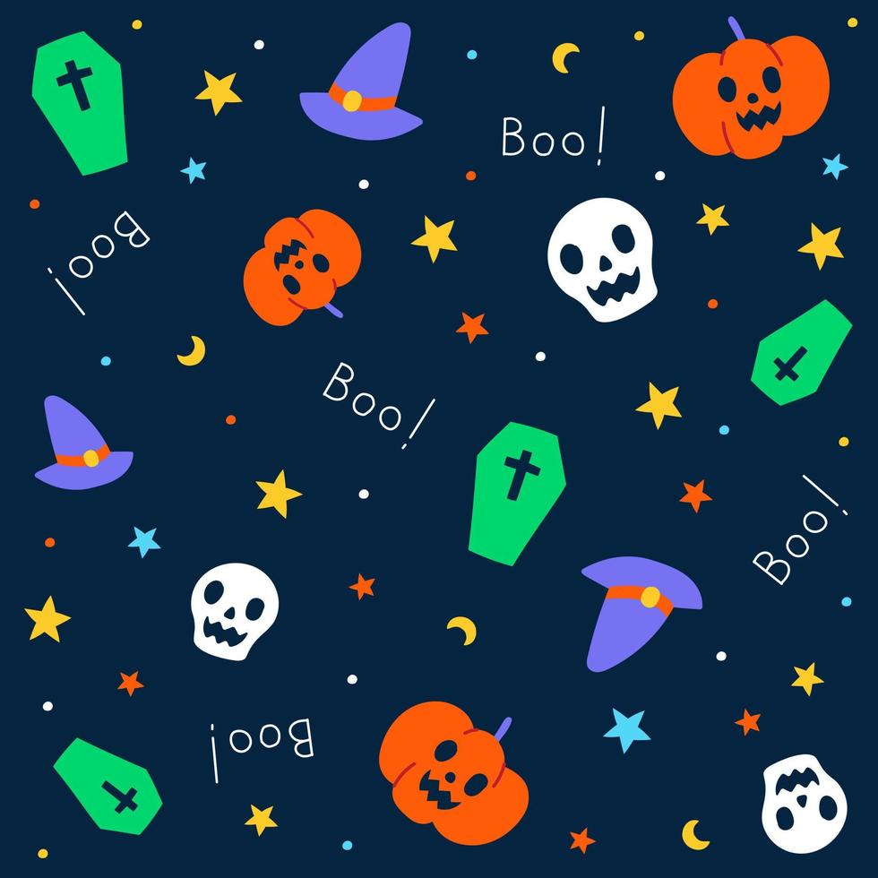 Cute Happy Halloween cartoon seamless pattern vector violet background ghost, skull, pumpkin, jack o lantern, bat, black cat, spider web, candlestick, lollipop candy, coffin, witch hat, boo, moon