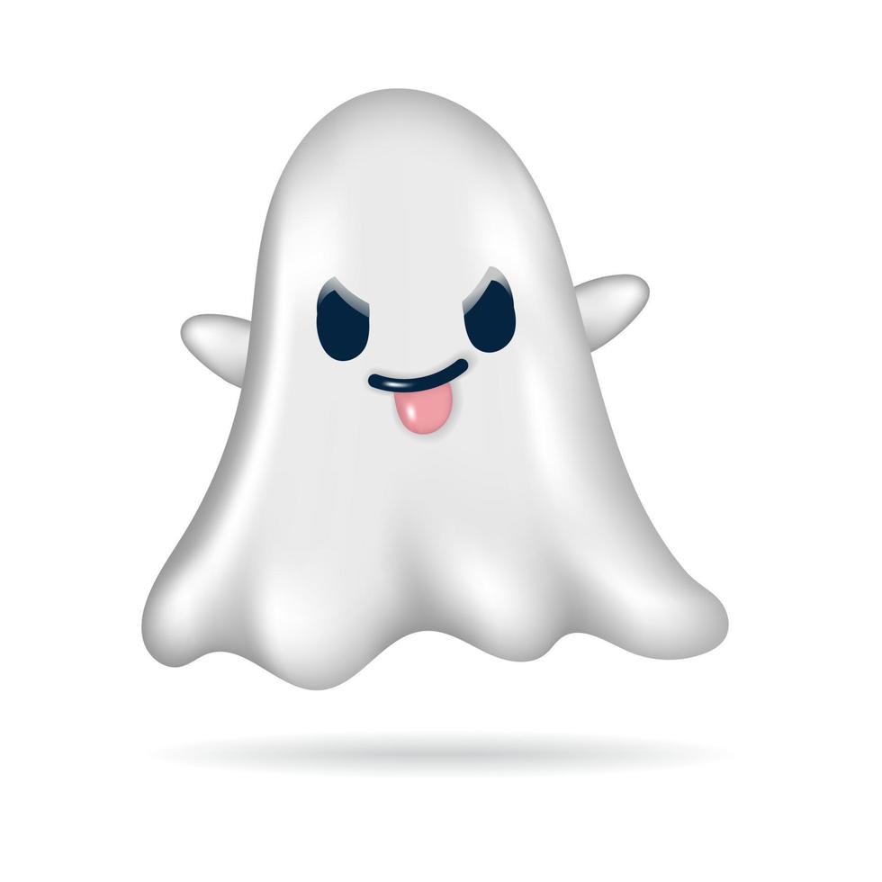 Cute 3D White Ghost Icon Happy Halloween Decorative Elements Objects Holiday Cartoon Icon Trick or Treat Spooky Boo Vector Illustration