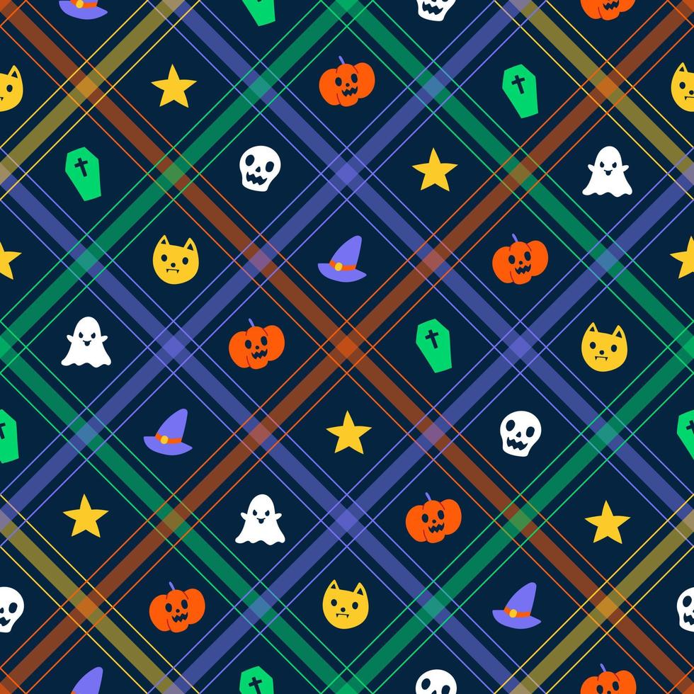 Cute Halloween Element Diagonal Stripe Striped Line Tilt Checkered Plaid Tartan Buffalo Scott Gingham Pattern ghost, skull, pumpkin, coffin, witch hat vector
