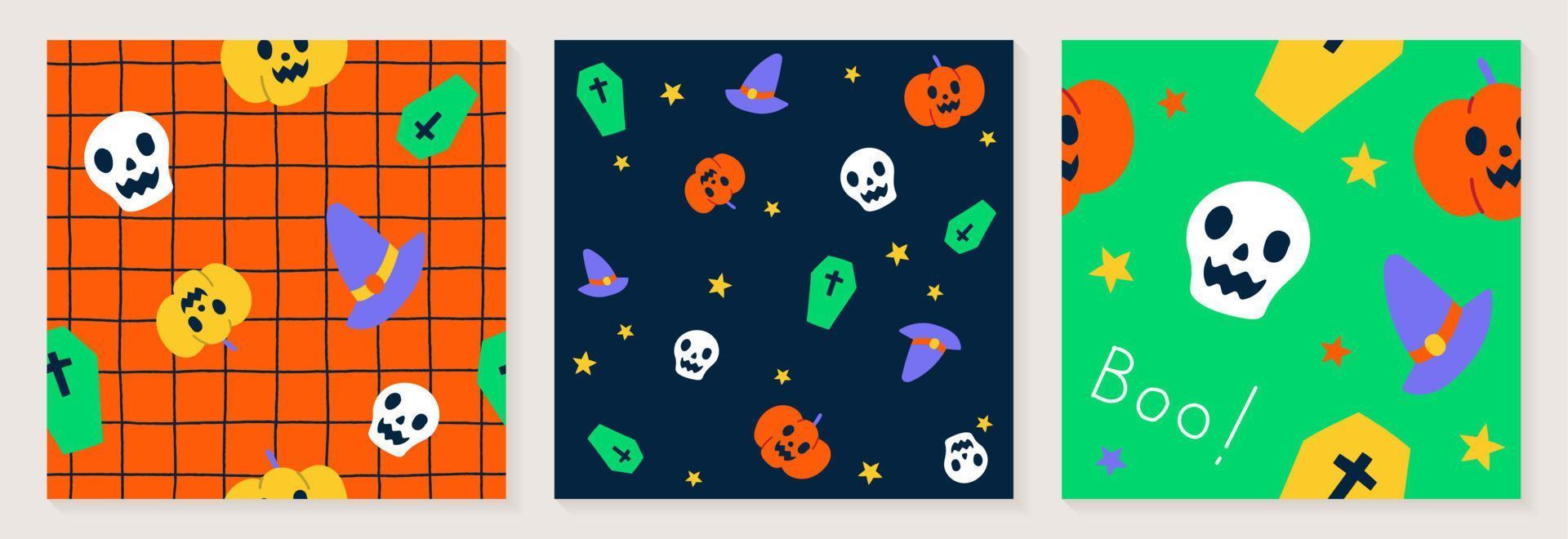 Cute Happy Halloween cartoon grid line check checkered seamless pattern vector background ghost, skull, pumpkin, jack o lantern, bat, spider web, coffin, witch hat, boo illustration set