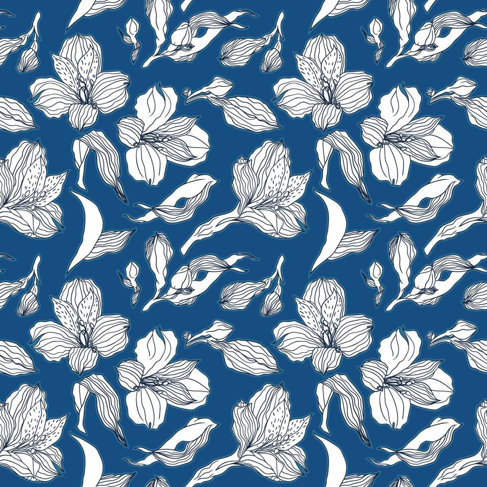 Dark blue seamless pattern with white alstroemeria buds and flowers vector