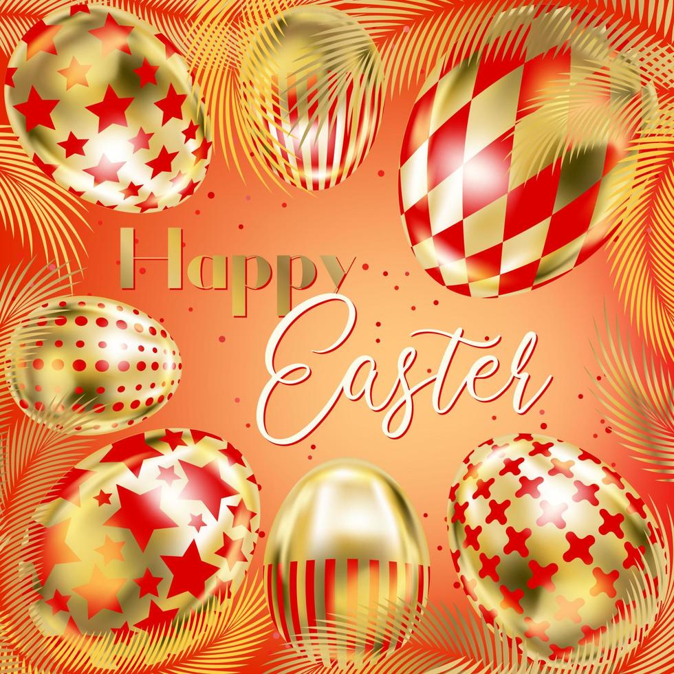 Happy Easter banner with golden eggs and palm branches on the red square vector