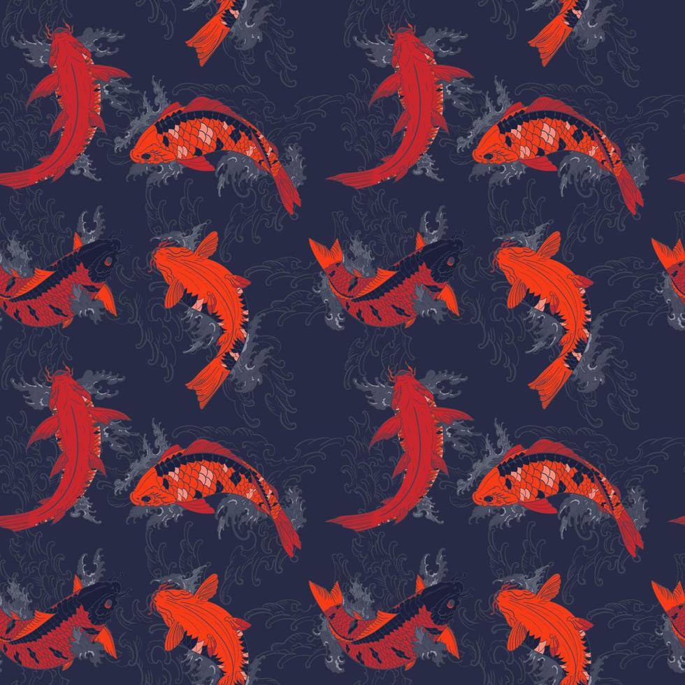 Dark blue seamless pattern with Japanese Koi Carp fishes vector