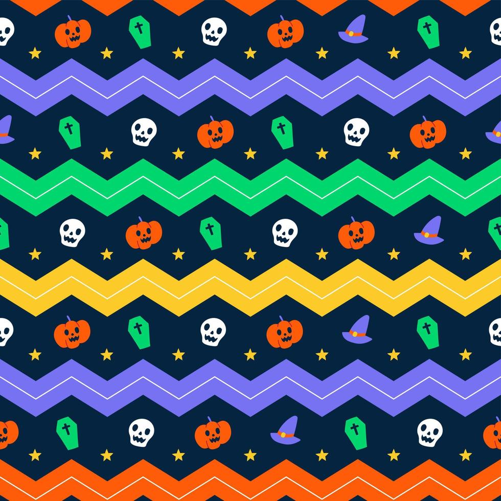 lindo feliz halloween horizontal zig zag línea raya punto línea círculo círculo de patrones sin fisuras fantasma, cráneo, calabaza, ataúd, sombrero de bruja vector