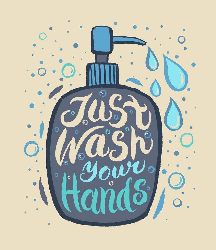 drawing a bottle with a dispenser with liquid soap, with an inscription in the form of lettering - just wash your hands. vector