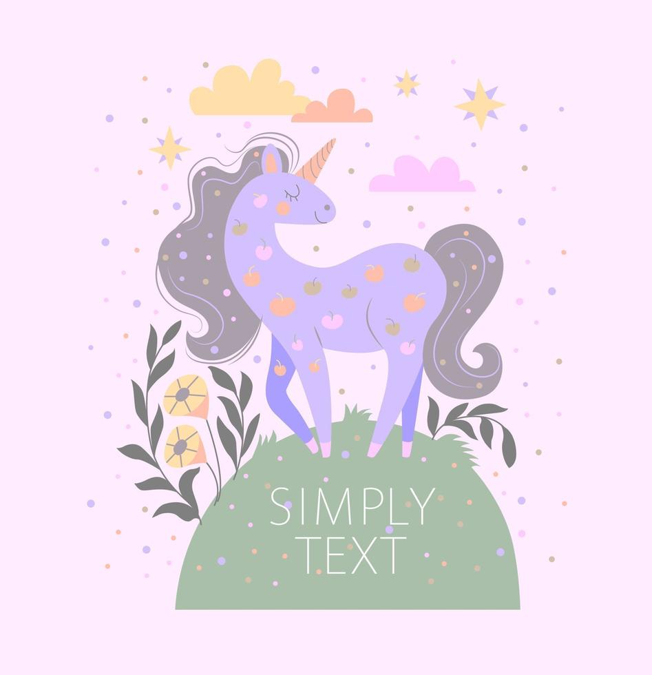 drawing of a lilac unicorn that stands on a hill on a pink background with clouds and stars. template for poster, postcard, invitation. vector