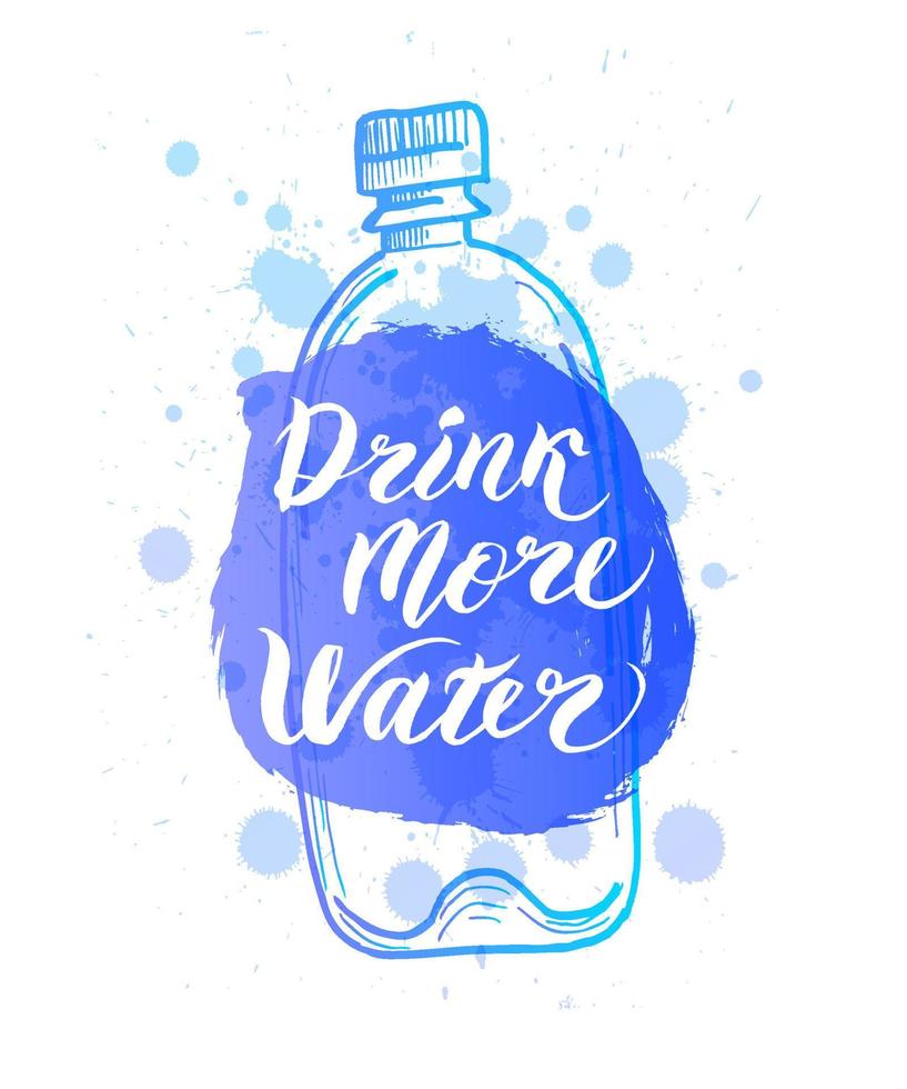 inscripción - bebe más agua. botella de plástico, salpicaduras azules de agua sobre un fondo blanco. póster vector