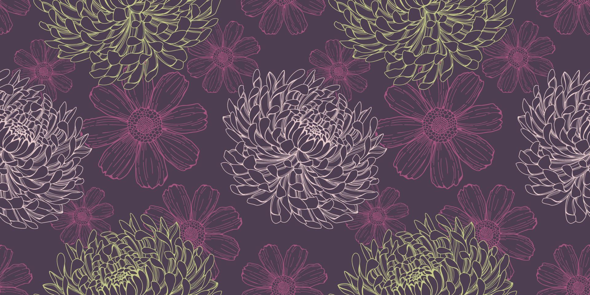 Floral purple seamless pattern with chrysantemum and cosmos flowers vector