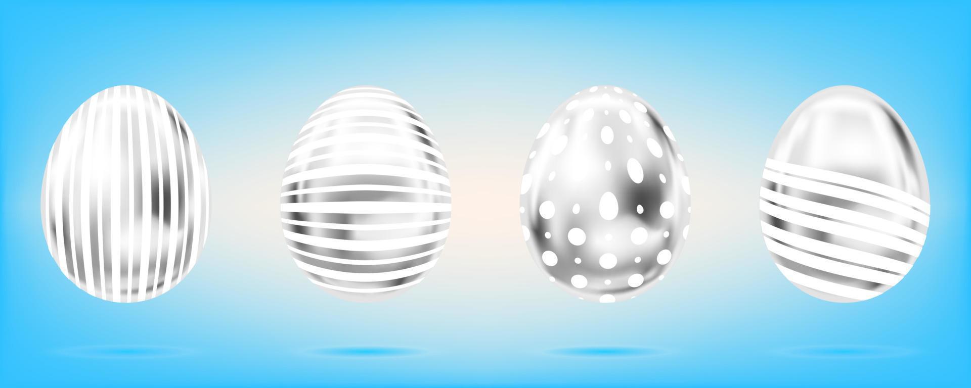 Four silver eggs on the sky blue background. Isolated objects for Easter. Dots and stripes ornate vector