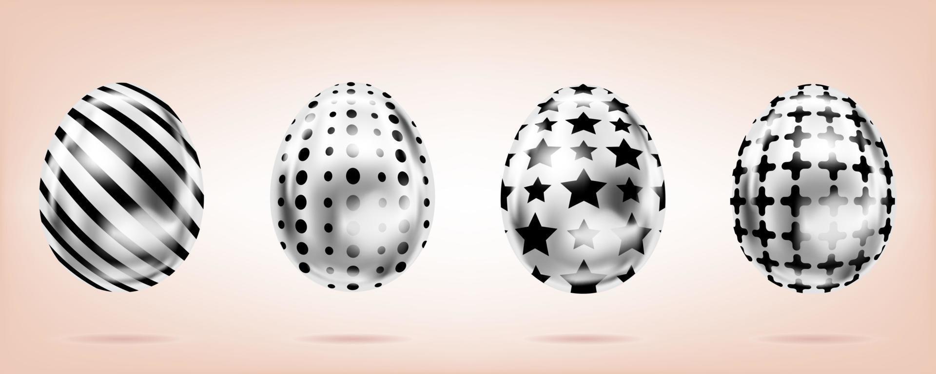 cuatro huevos de plata sobre fondo rosa. objetos aislados para pascua. cruz, puntos, rayas y estrellas vector