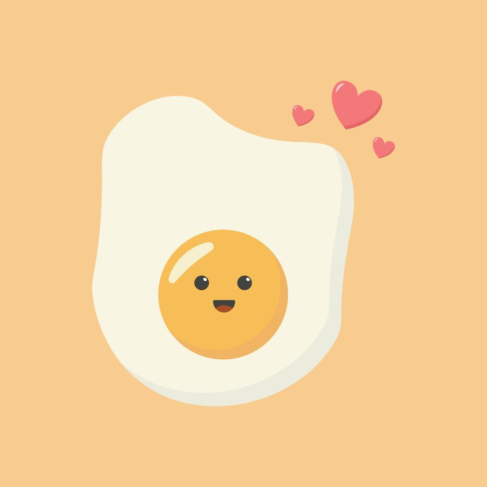 Cute cartoon character design of heart shape fried egg vector illustration isolated on yellow background. Happy cute smiling funny kawaii fried egg