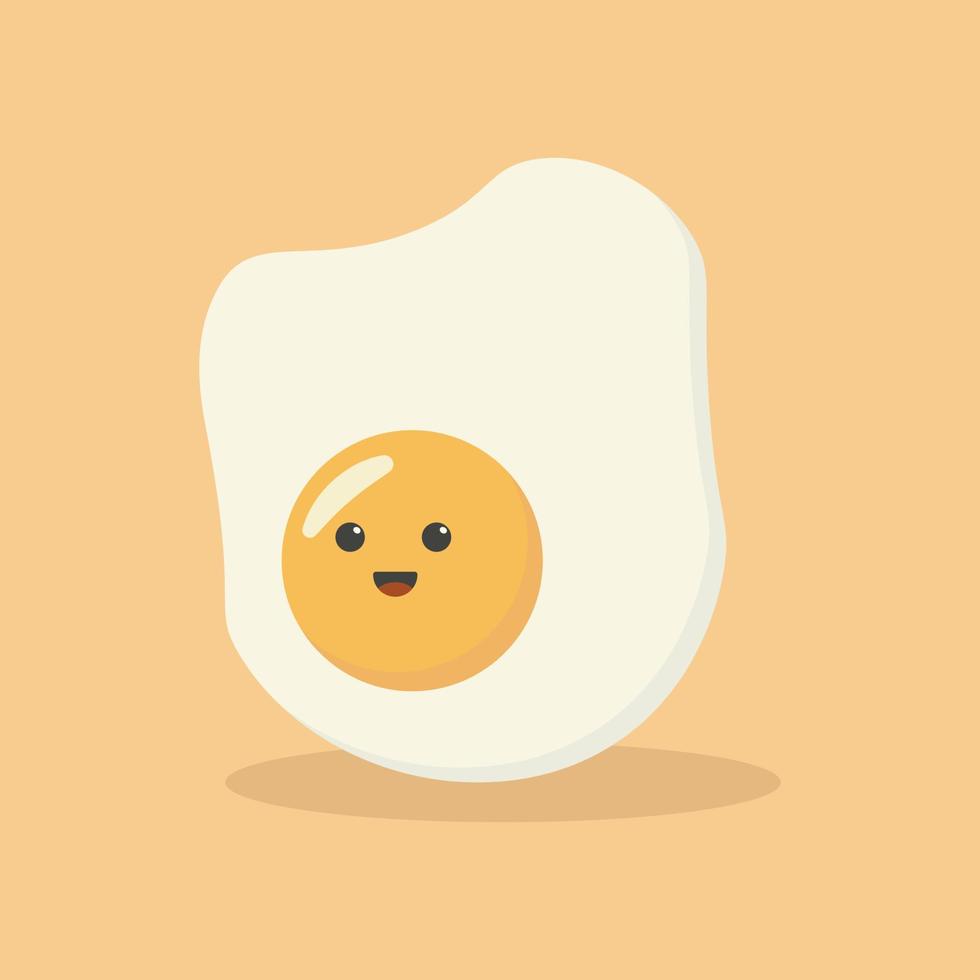 Cute cartoon character design of heart shape fried egg vector illustration isolated on yellow background. Happy cute smiling funny kawaii fried egg