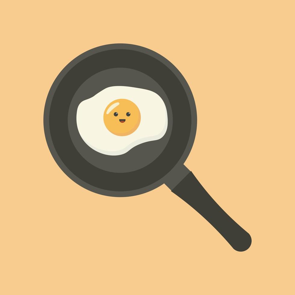 Cute Fried egg on Frying pan. Healthy morning breakfast with egg. Vector illustration