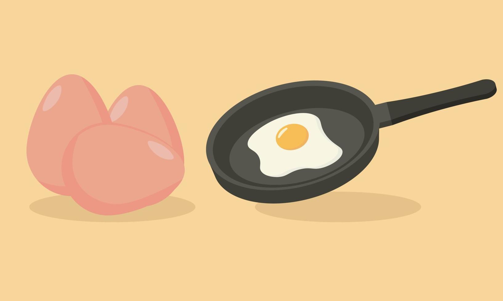 Cute Fried egg on Frying pan. Healthy morning breakfast with egg. Vector illustration