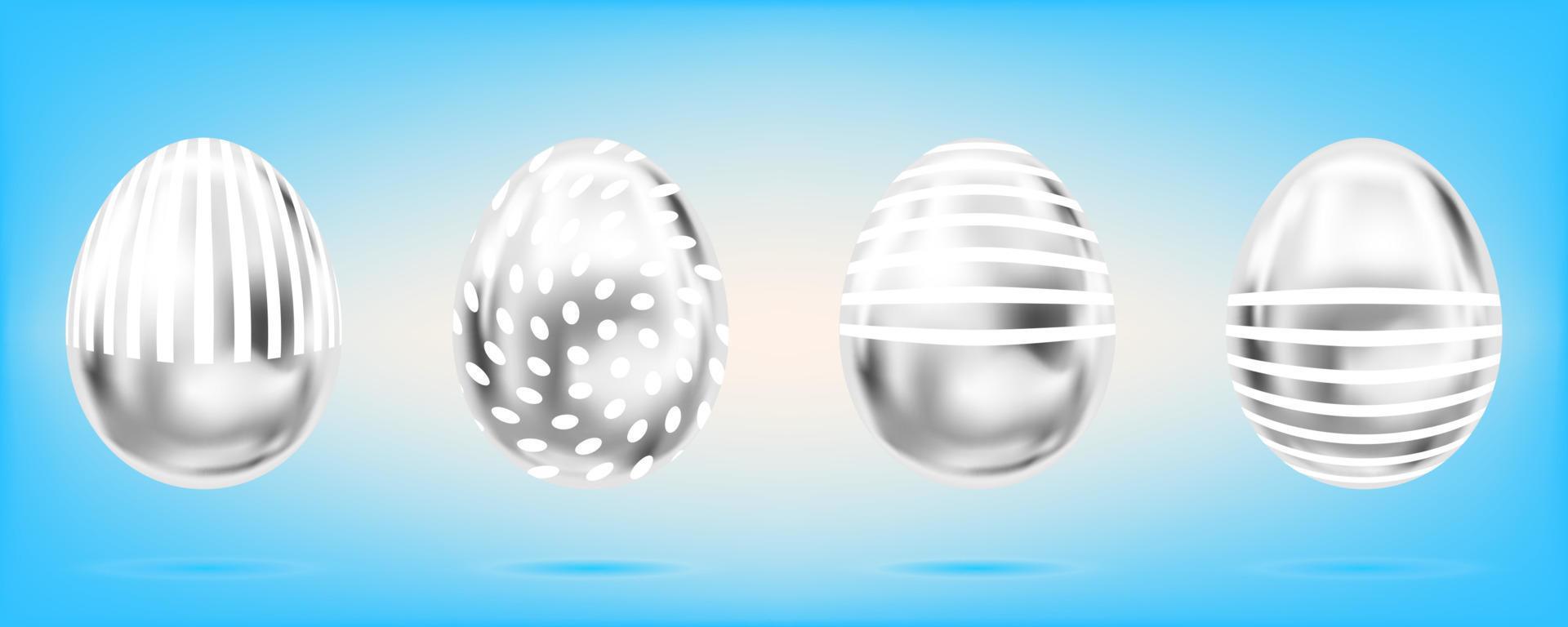 Four silver eggs on the sky blue background. Isolated objects for Easter. Stripes and dots ornate vector