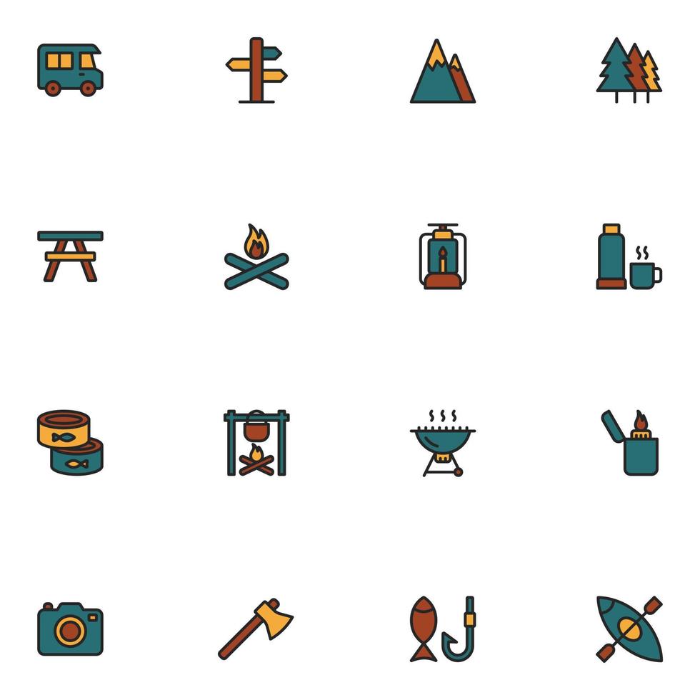 conjunto de icono de color lleno de camping vector