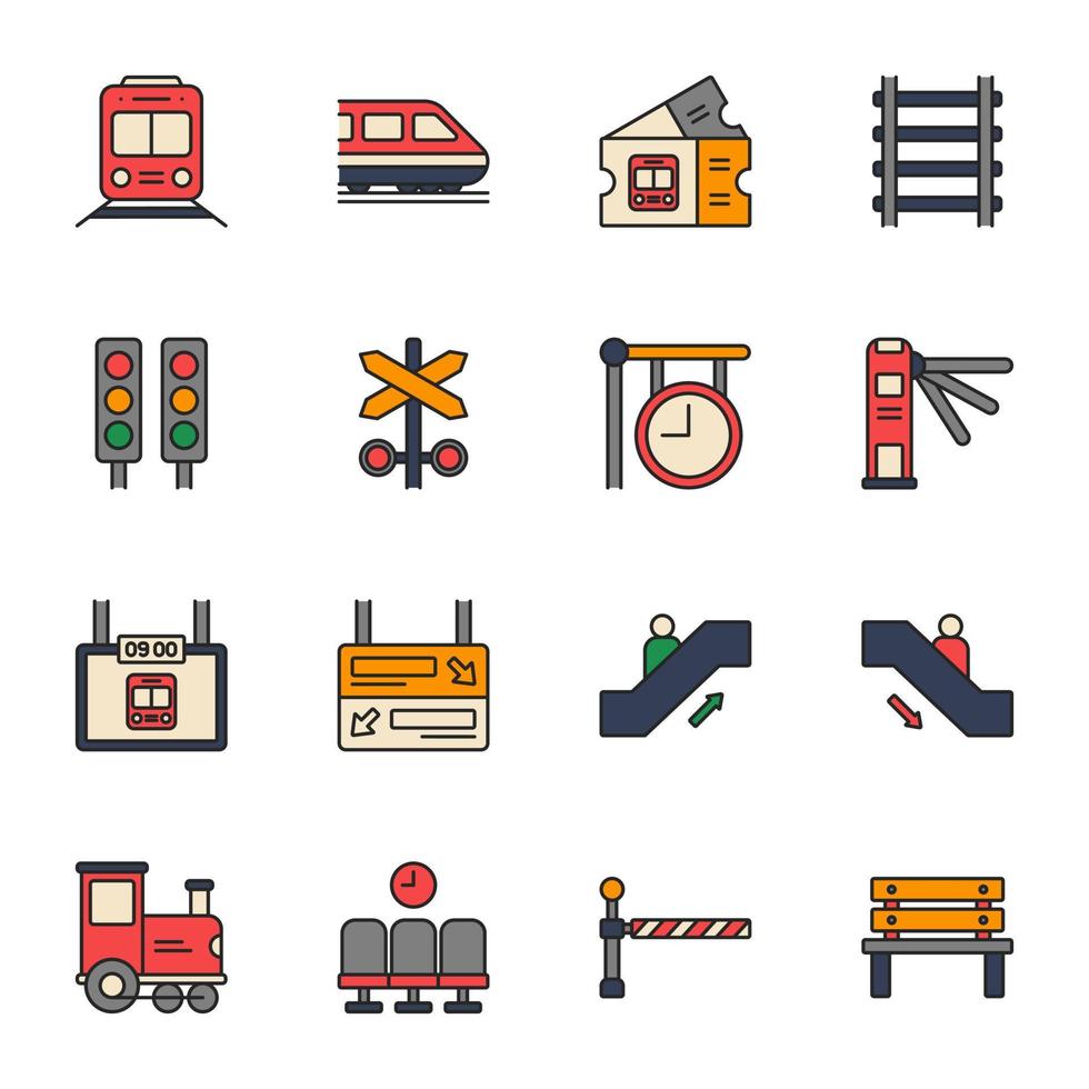 conjunto de iconos de línea llena de estación de tren vector