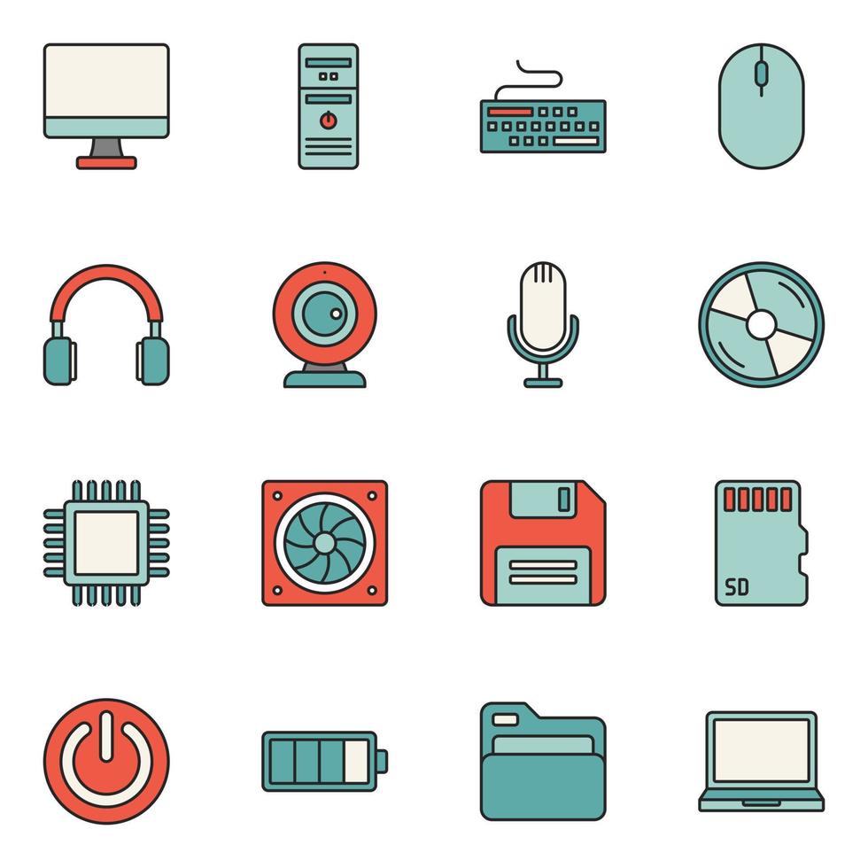 Computer Filled Line Icon Set Vector