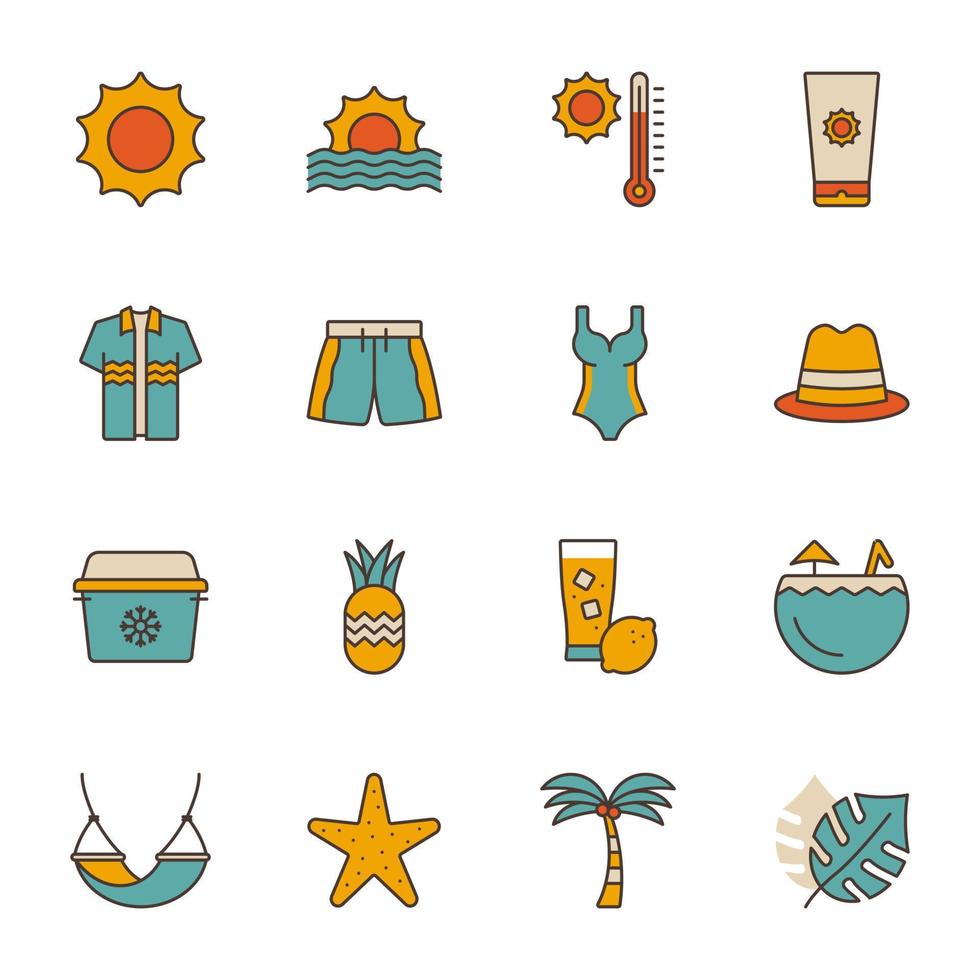 vector de conjunto de iconos de línea llena de verano