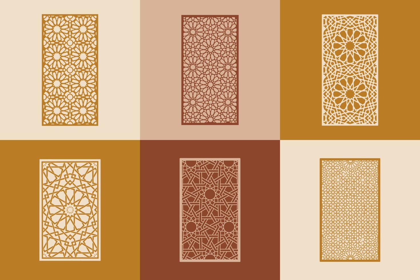 Set of ornamental islamic arabesque windows and doors. Arabic traditional architecture Geometric Pattern. Set of decorative vector panels or screens for laser cutting.