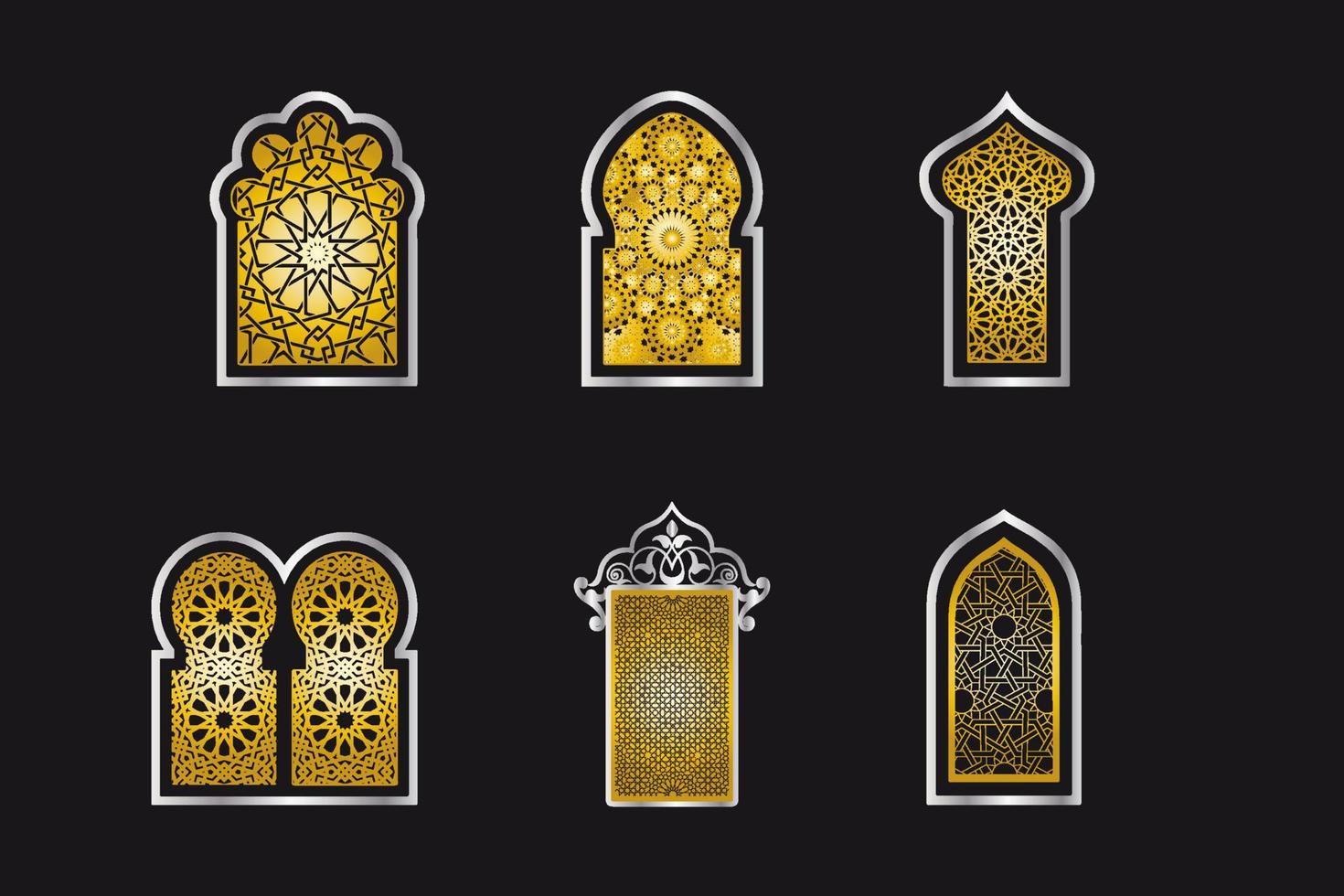 Traditional gold Arabic islamic windows. Arabic traditional architecture geometric arabesque Pattern. Set of decorative vector panels or screens for laser cutting. Template for interior decor style.