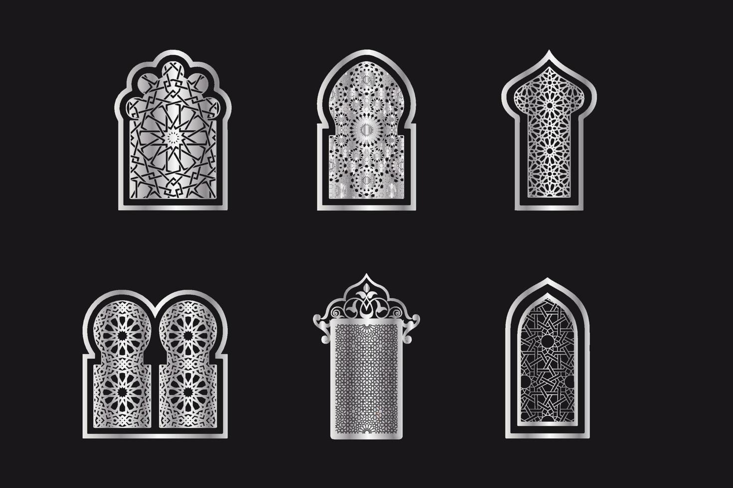 Traditional Silver Arabic islamic windows. Arabic traditional architecture geometric arabesque Pattern. Set of decorative vector panels or screens for laser cutting. Template for interior decor style.