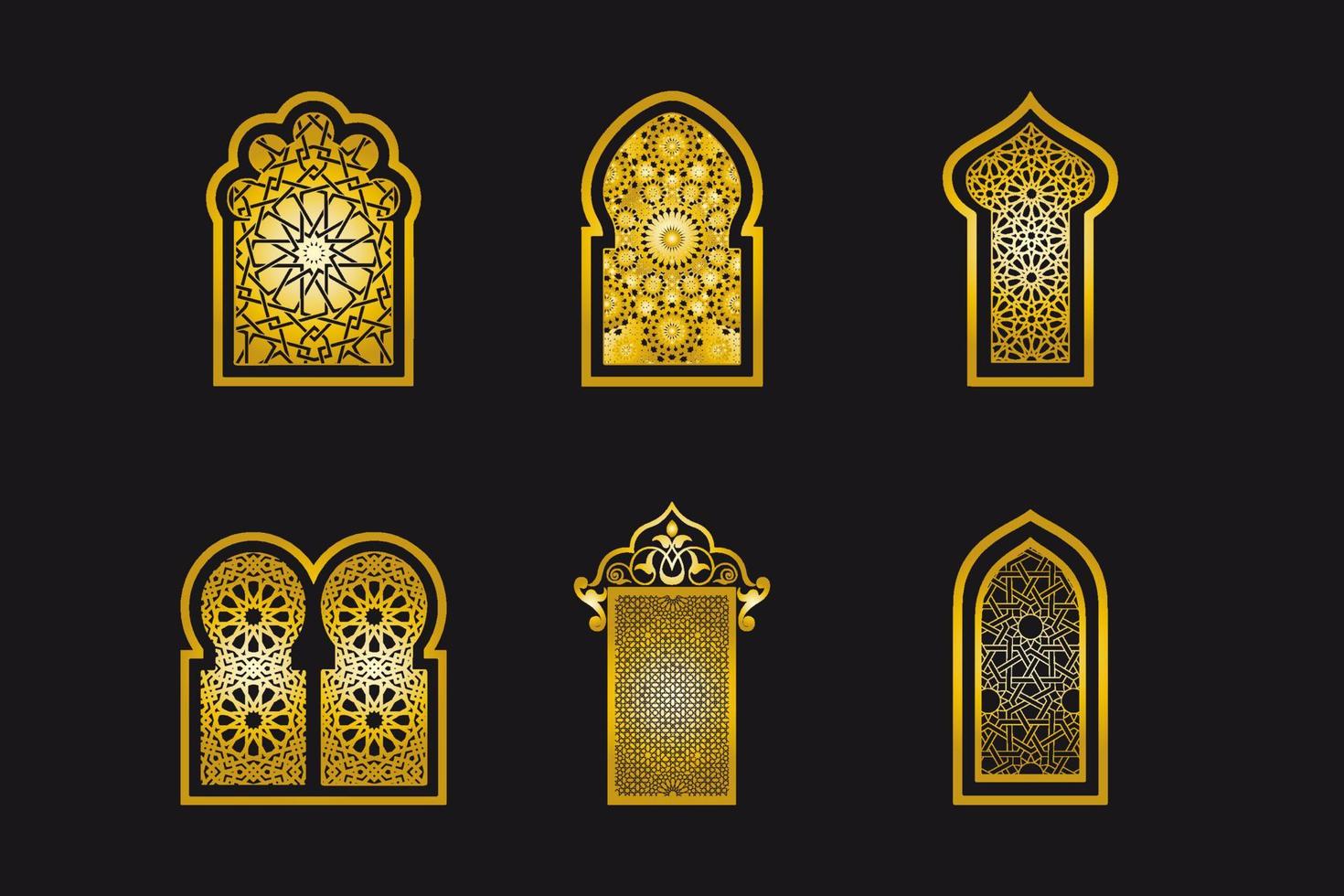 Traditional gold Arabic islamic windows. Arabic traditional architecture geometric arabesque Pattern. Set of decorative vector panels or screens for laser cutting. Template for interior decor style.